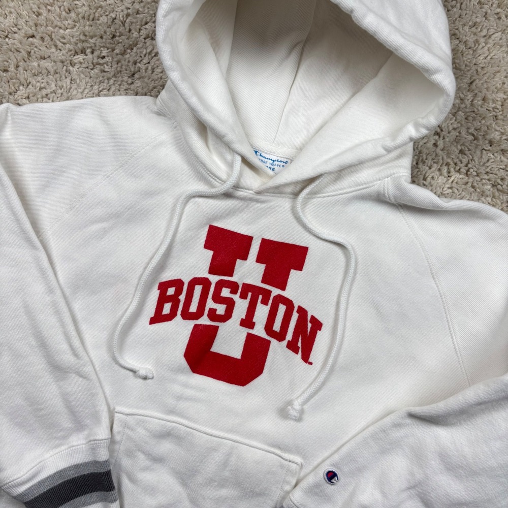 Champion Hoodie Women Large White Boston University Reverse Weave Striped Trim
